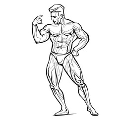 Posing bodybuilder, isolated vector silhouette, ink drawing