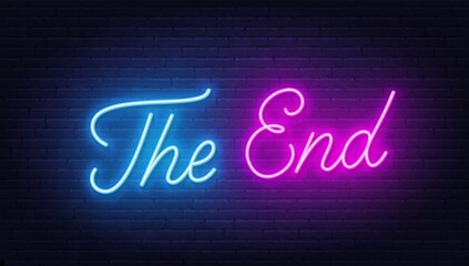 The end neon sign on brick wall background. - obrazy, fototapety, plakaty