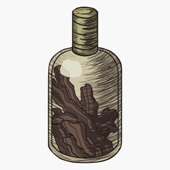 Vector illustration of bottle with dry leaves inside for halloween, decoration for fairy tale books, notebooks, scrapbook design, game icons.