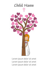 My first communion girl. Girl next to a tree with hearts
