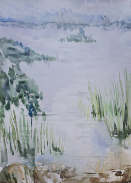 Lake shore landscape. Surface of fresh water reservoir. Neutral watercolor painting. Wet airy brush strokes surface. Tranquility concept. Summer morning by the river.