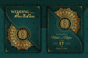 Luxury Mandala Wedding Invitation Card template with golden arabesque pattern Arabic Islamic east background style. Editable vector file. Decorative mandala for print, poster, cover, flyer, banner