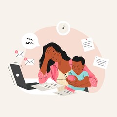 Tired african american Mom trying to Work, holding baby in her arms. Professional Mom, maternity and job. Flat vector illustration.	