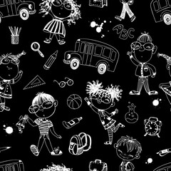 Seamless pattern on a school theme with schoolchildren and school accessories. Back to school. Drawing with chalk on a blackboard. Vector