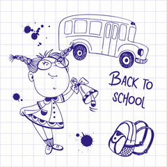 A pretty girl with a briefcase and a school bell goes to school. Back to school. School bus. Drawing with a pen on a notebook sheet. Vector