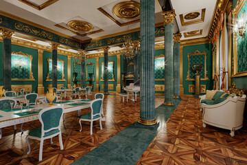 Fototapeta na wymiar The ballroom and restaurant in classic style. 3D render.