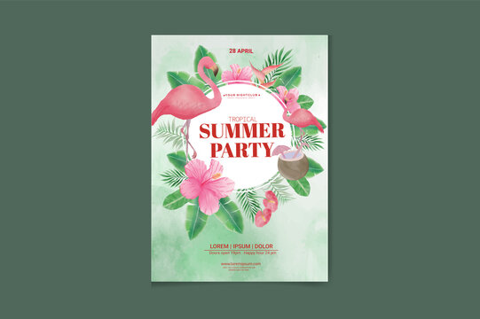 watercolor summer party poster with tropic leaves, coconut and flamingo. Summertime beach background