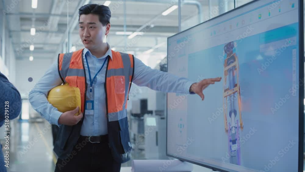 Aufkleber Factory Office Meeting: Chief Engineer Explaining New Workflow for Heavy Industry Hydraulic Parts Production to Company General Manager in a Conference Room with TV. Showing 3D Layout on Screen.