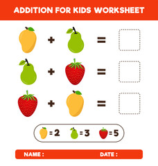 Addition with different fruits. mathematic addition game for kids