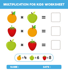Multiplication with different fruits. mathematic multiplication game for kids worksheet