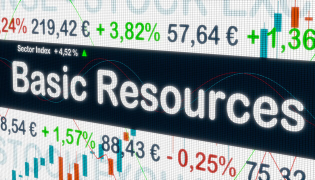 Basic Resources, sector index. Stock exchange monitor with market data, price information and percentage changes in prices. Basic Resources stocks, business and trading concept. 3D illustration