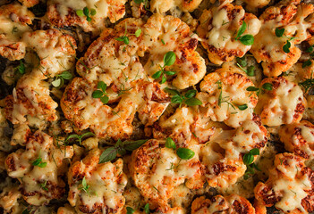 Cauliflower steak with cheese and spices, homemade, close-up, top view, selective focus, no people,