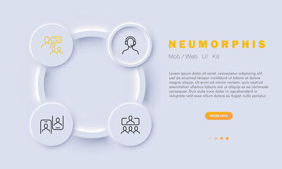 Call centre set icon. Communication, teamwork, phone, online, internet, subordinates, employees. Business concept. Neomorphism style. Vector line icon for Business and Advertising