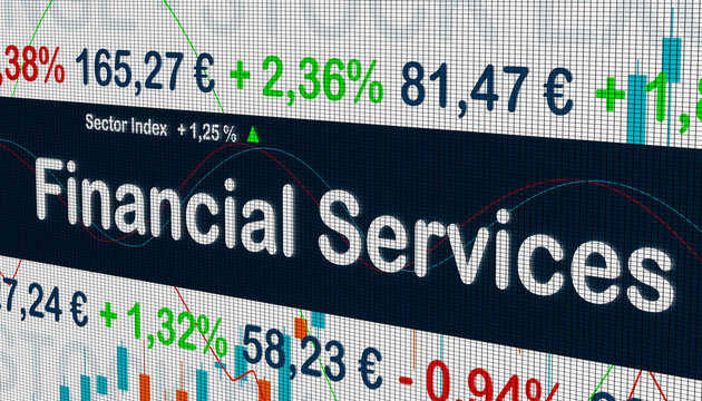Financial Services, sector index. Stock exchange monitor with market data, price information and percentage changes in prices. Financial Services stocks, business and trading concept. 3D illustration