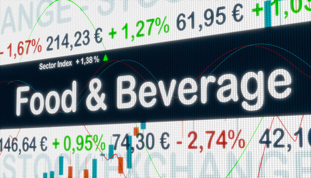 Food and Beverage, sector index. Stock exchange monitor with market data, price information and percentage changes in prices. Food and Beverage stocks, business and trading concept. 3D illustration