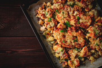 Steak, cauliflower , with cheese , spices, homemade, on a wooden table, dark background, close-up, top view, selective focus, no people,