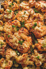Cauliflower steak with cheese and spices, homemade, close-up, top view, selective focus, no people,