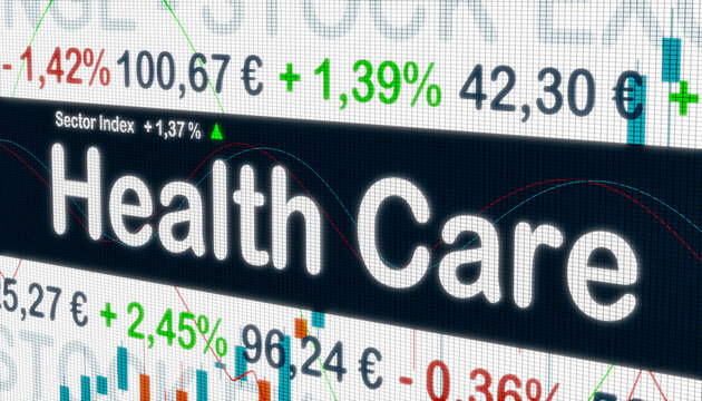 Health Care, sector index. Stock exchange monitor with market data, price information and percentage changes in prices. Health Care stocks, business and trading concept. 3D illustration