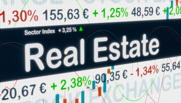 Real Estate, sector index. Stock exchange monitor with market data, price information and percentage changes in prices. Real Estate stocks, business and trading concept. 3D illustration