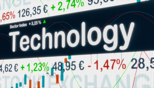 Technology, sector index. Stock exchange monitor with market data, price information and percentage changes in prices. Technology stocks, business and trading concept. 3D illustration