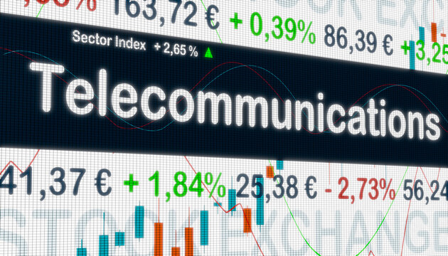 Telecommunication, sector index. Stock exchange monitor with market data, price information and percentage changes in prices. Telecommunication stocks, business and trading concept. 3D illustration