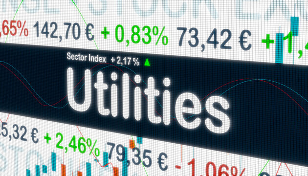 Utility, sector index. Stock exchange monitor with market data, price information and percentage changes in prices. Utility stocks, business and trading concept. 3D illustration