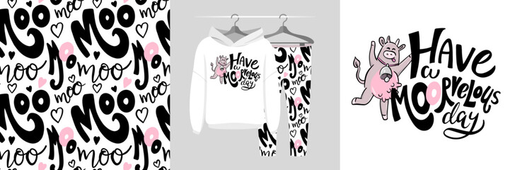 Seamless pattern and illustration set with cow and quote Have a MooRvelous Day. Baby design pajamas, background for apparel, room decor, tee print, baby shower party invitation, fabric, wrapping
