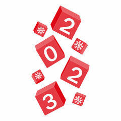 Calendar for Christmas, new year falling cubes with the number 2023, color vector illustration