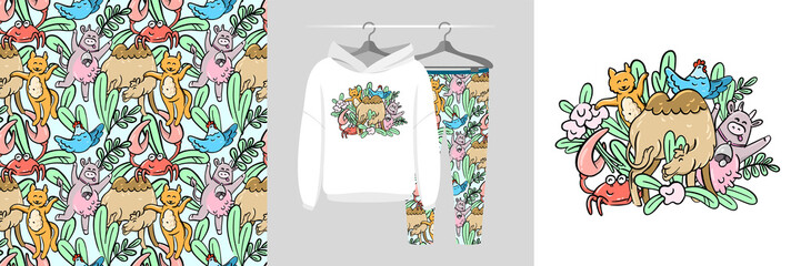 Seamless pattern and illustration set with joyful little animals. Baby design pajamas, background for apparel, room decor, tee print, baby shower party invitation, fabric design, wrapping