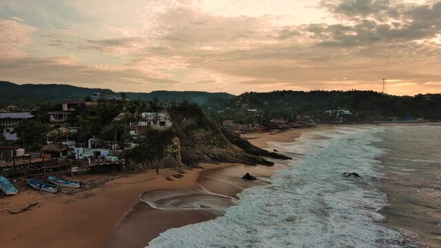 Aerial Drone Fly Above Mazunte Beach Town Punta Cometa Sea Turtle Oaxaca Mexico
