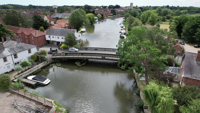 Old cast iron road bridge Beccles town in Suffolk UK drone aerial view