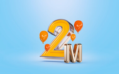 2m followers celebration social media banner with orange balloon blue background 3d render concept