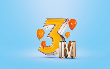 3m followers celebration social media banner with orange balloon blue background 3d render concept