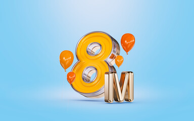 Fototapeta premium 8m followers celebration social media banner with orange balloon blue background 3d render concept