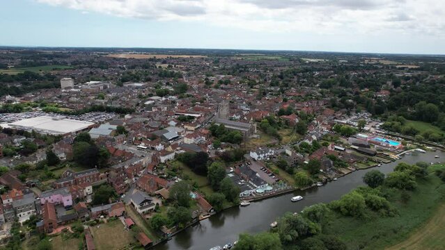High drone aerial view Beccles town in Suffolk UK