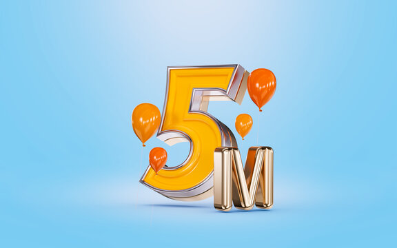 5m followers celebration social media banner with orange balloon blue background 3d render concept