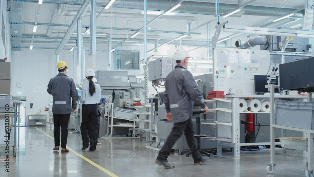 Poster industrial factory: team of engineers, technicians, professionals and workers, working on production