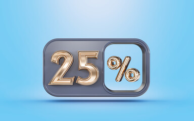 25 percent discount offer with golden metallic look blue background 3d render concept for market