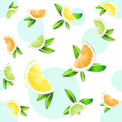 Pattern Illustration. A set of citrus fruits on a white background, lime, orange, lemon with leaves. 