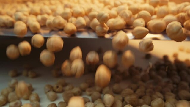 Hazelnuts on the conveyor belt in factory, hazelnut selection and roasting process. slow motion.4K