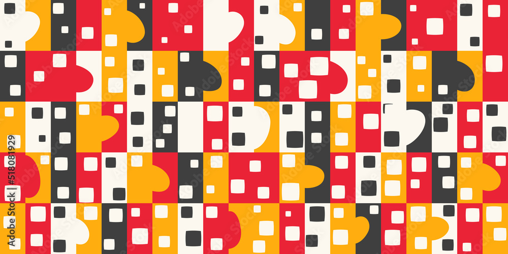 Poster Colored tile squares and abstract texture on top. Decoration and print of surfaces from identical red-yellow tiles.