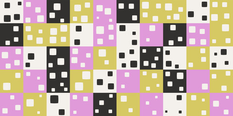 Colored tile squares and abstract texture on top. Surface print made of identical pink-yellow tiles.