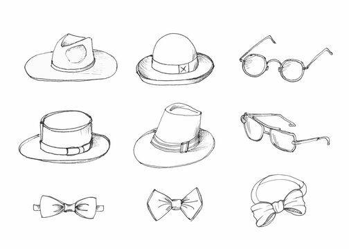 Father's Day collection of hand drawings of male accessories on white background. Hats, glasses, bow ties. Vector illustration.