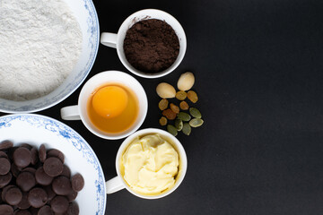 Delicious chocolate brownie homemade, ingredients of brownie,closeup fudge brownie,homemade bakery and dessert,Pieces of fresh brownie,confectionery concept.