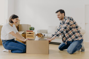 Funny young woman and man have fun during relocation, pose on floor with dog in cardboard box, just moved into apartment, dressed in domestic clothes, sofa and pile of containers in background