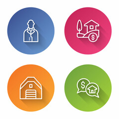 Set line Realtor, House with dollar, Garage and Price negotiation. Color circle button. Vector