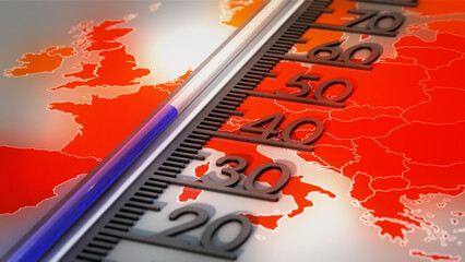 Thermometer auf Temperaturkarte von Europa