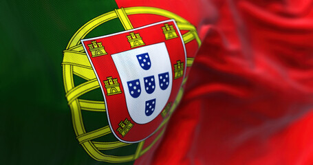 Close-up view of Portugal national flag waving in the wind