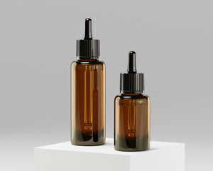 Minimalistisches Mockup einer braunen Glasflasche mit Pipette für Kosmetikprodukte und Medizin, 3D Rendering ohne Etikett