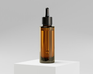 Minimalistisches Mockup einer braunen Glasflasche mit Pipette für Kosmetikprodukte und Medizin, 3D Rendering ohne Etikett